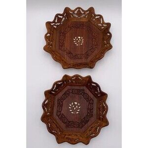 Vintage Hand Carved Wood Octagon Trays Plates 11" Floral Inlay  India Lot of 2